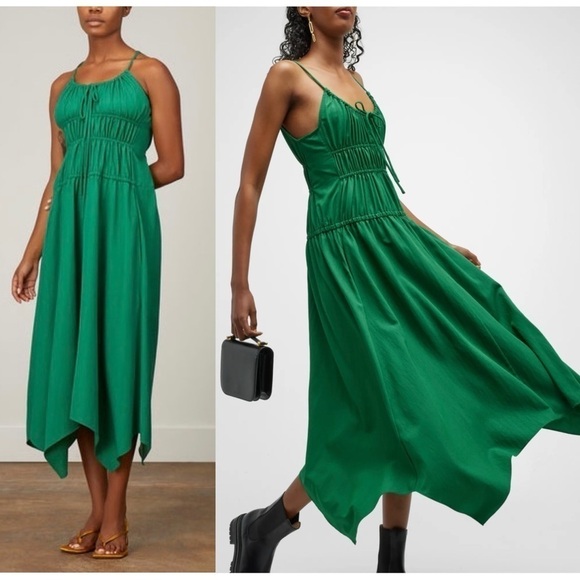 PROENZA SCHOULER Emerald Crepe Ruched Smocked Tie Front Sleeveless Midi Dress 10 - Picture 16 of 16